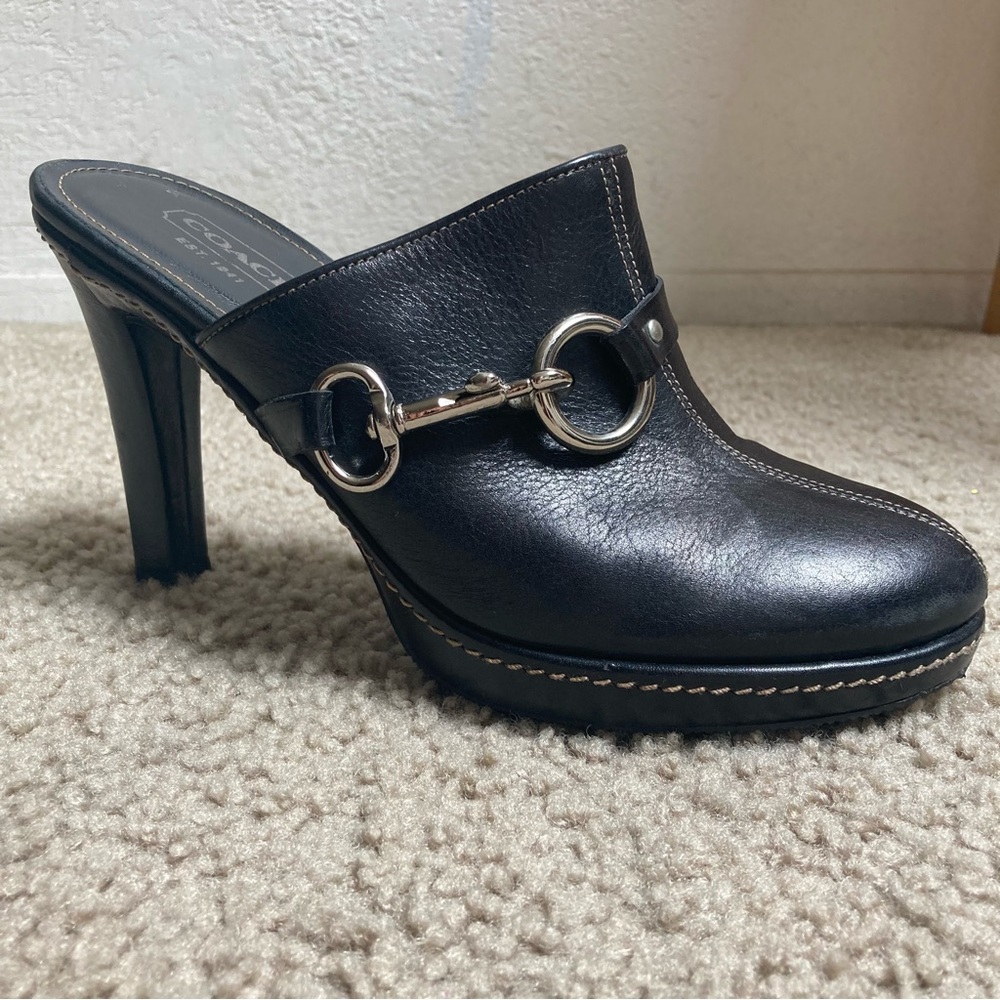 COACH Karsen Black Leather Mules/Clogs